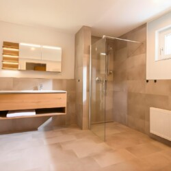Apartment Schwalbennest 1.OG – Großes, modernes Badezimmer mit Glasdusche und viel Tageslicht