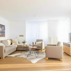 Apartment Schwalbennest 1.OG – Helles Wohnzimmer mit komfortabler Sitzecke und TV